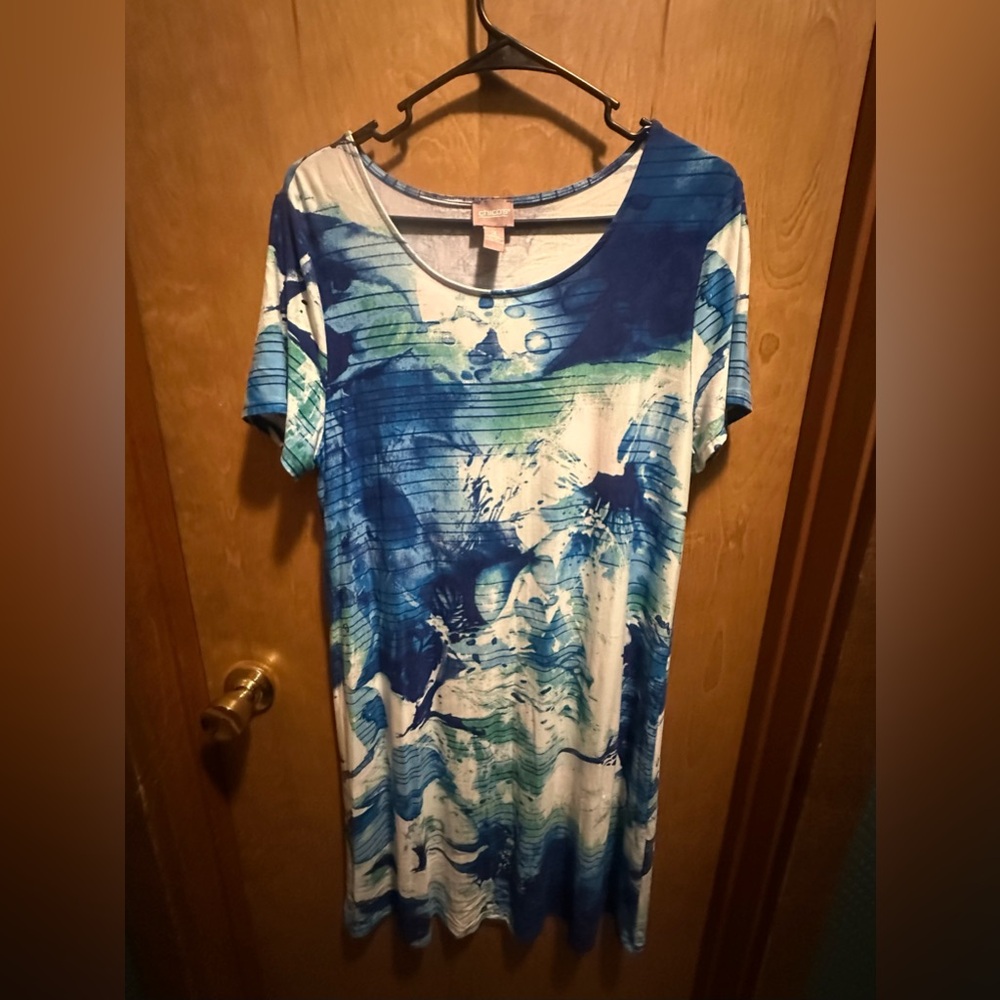 Chico's Artistic Blue and White Short Sleeve Dress 2 = US12/L